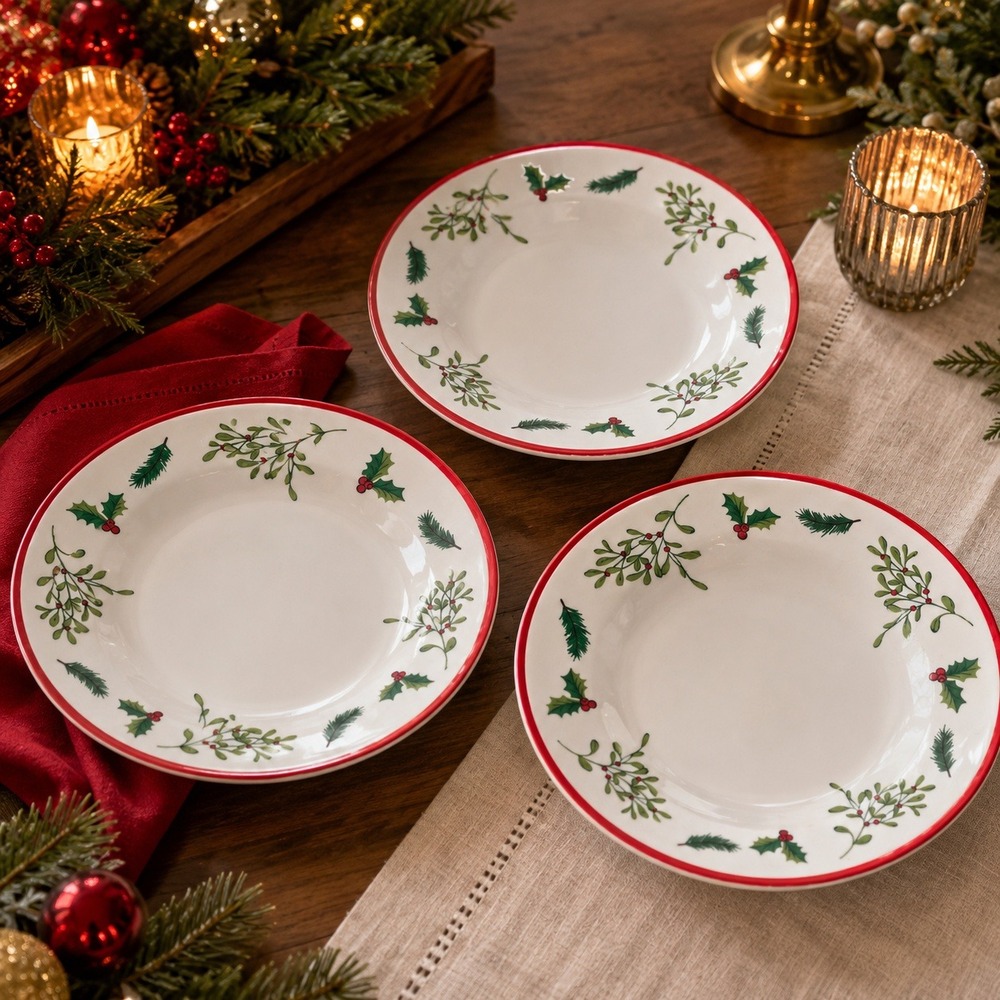 Royal Norfolk Holly Berry Christmas Dinner Plates Set of 3 Red Green 10 Inch